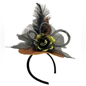 Halloween Gothic Orange Witch Hat Headband Glitter Rose Feather Mesh Accents